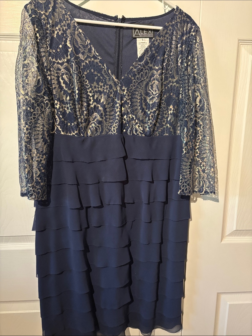 Alex Evenings Navy Lace Bodice with Tiered Chiffon Skirt Dress